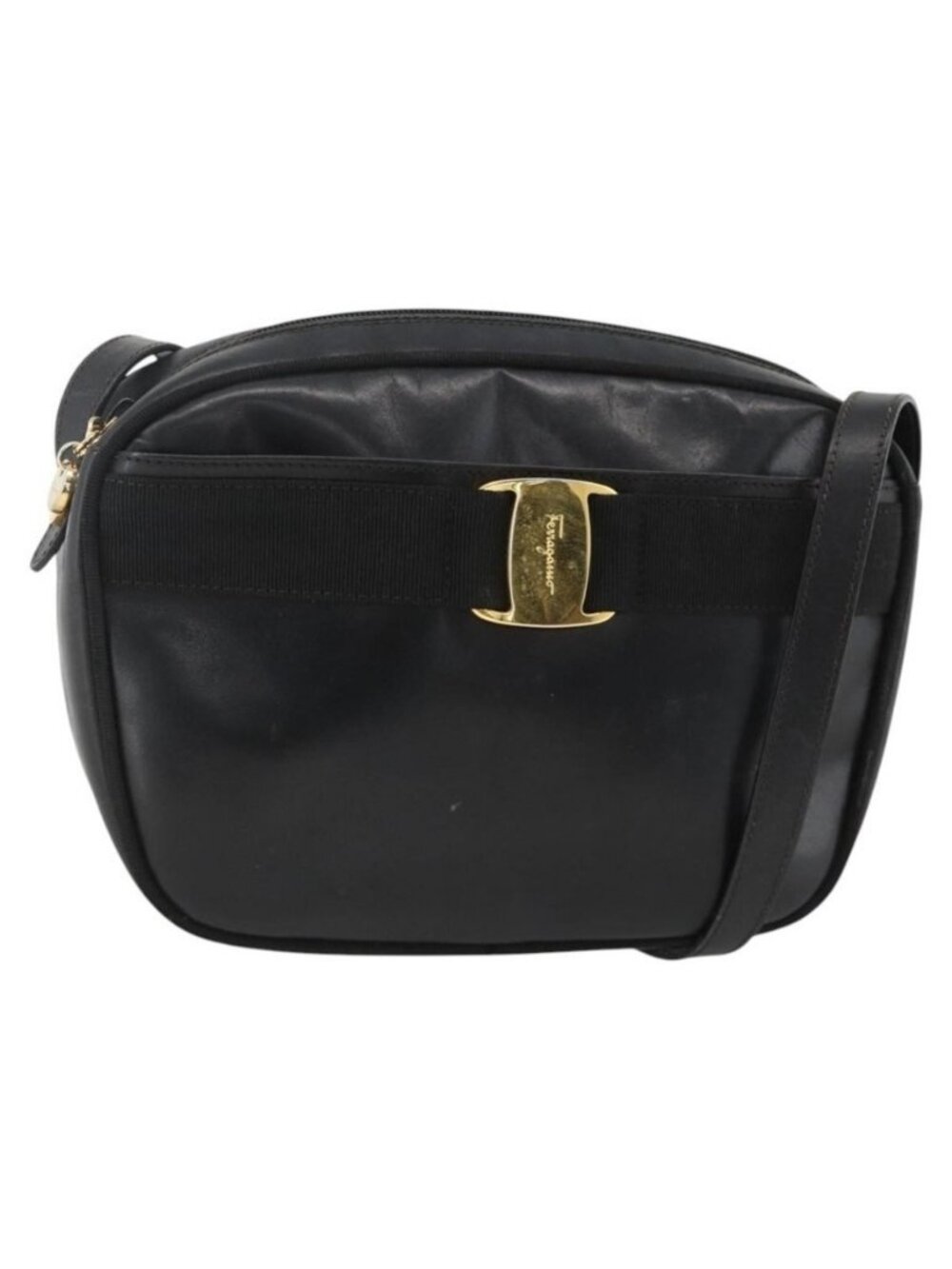 Authentic Salvatore Ferragamo Vala Shoulder Bag Leather Black Gold